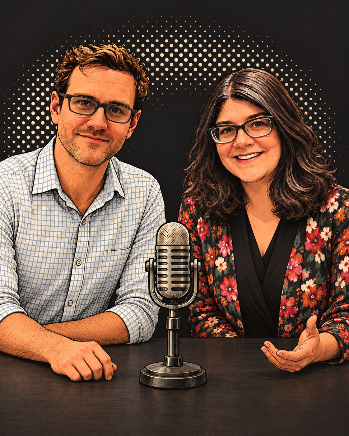 Illustrated portrait of hosts Michael Gray and Jennifer Griveas seated separately at a studio microphone